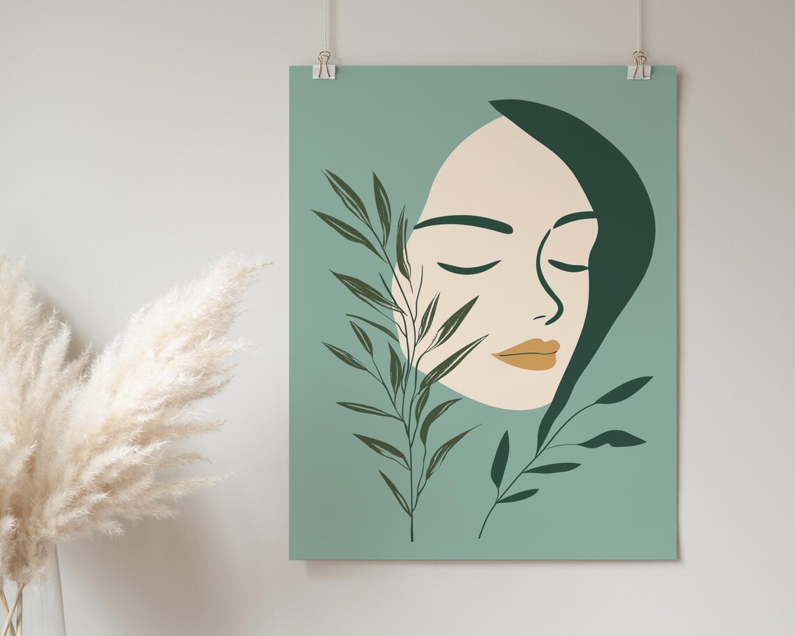 Minimalist Botanical Woman Face Sage Green Leaf Line Art Poster - Image 2