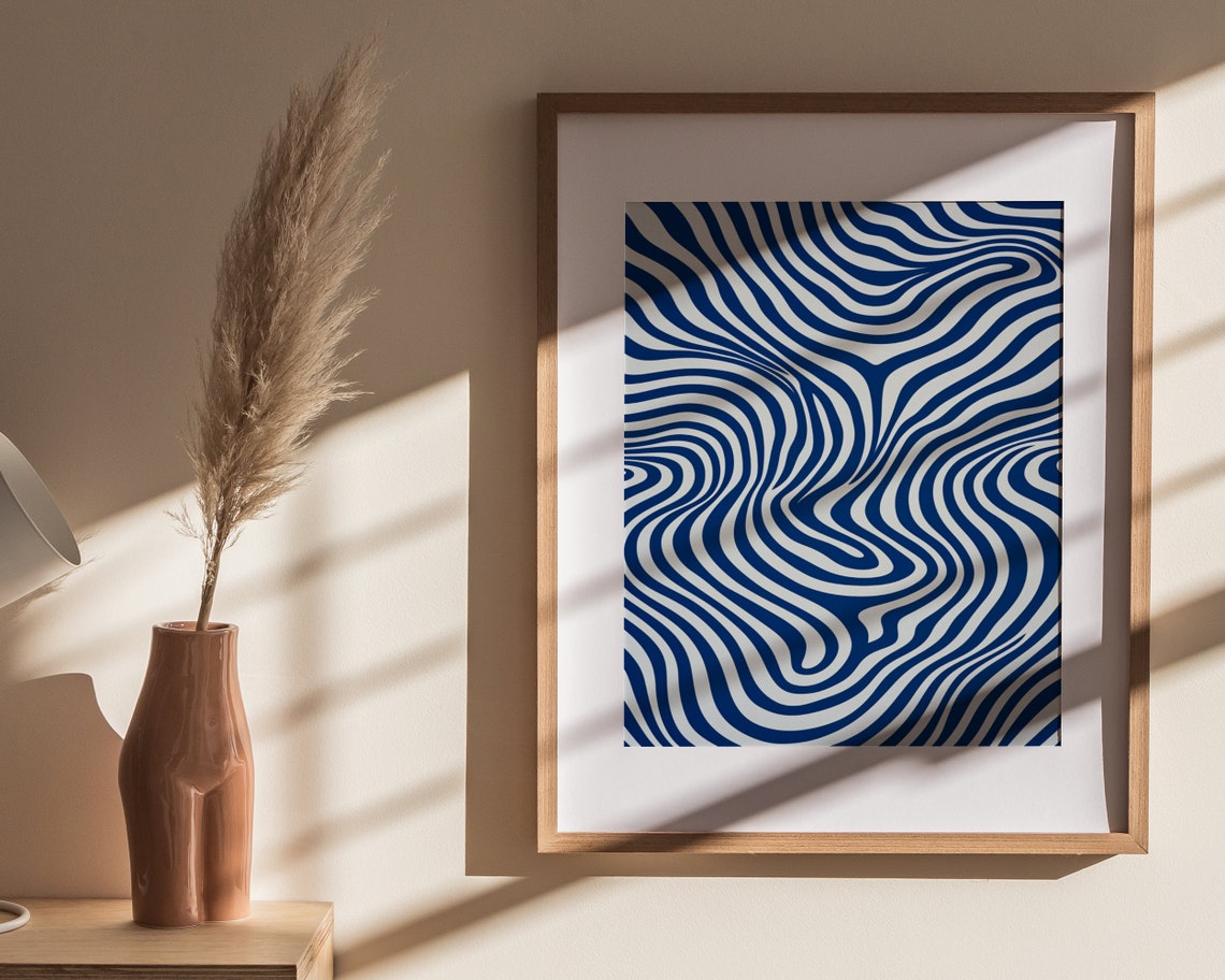 Navy And Cream Wavy Line Optical Illusion Abstract Art Poster - Image 4
