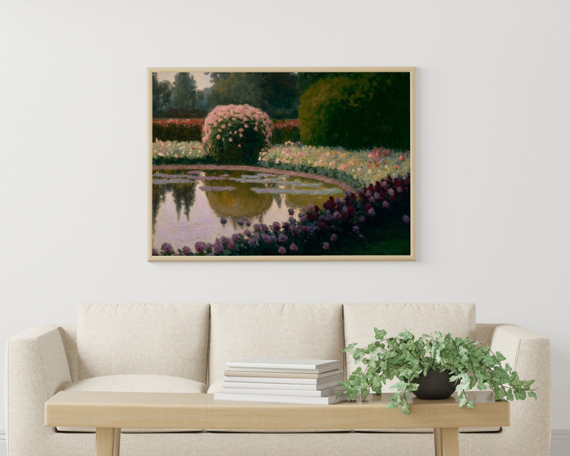Muted Rose Garden With Reflecting Pond Impressionist Art Poster - Image 3