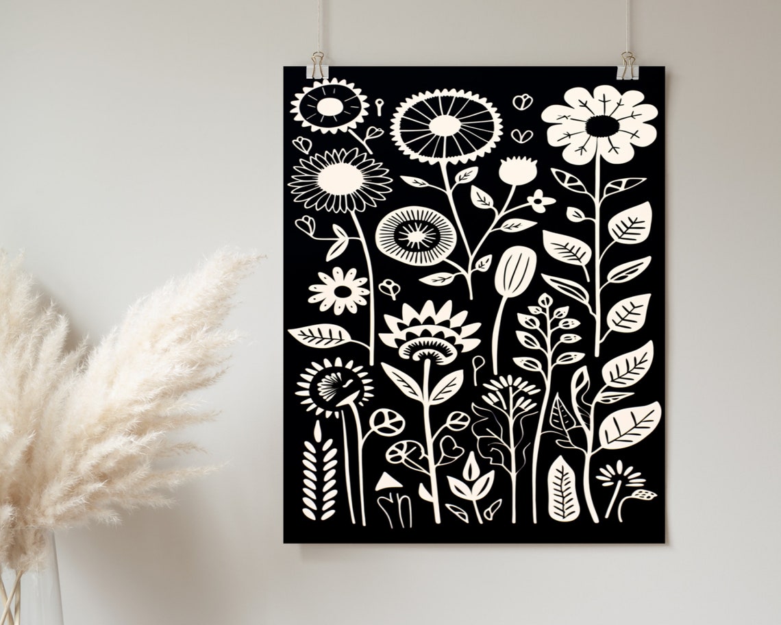 Black And White Floral Pattern Print Boho Wall Art Mid Century Print Cute Eclectic Home Dcor Wall Art - Image 2