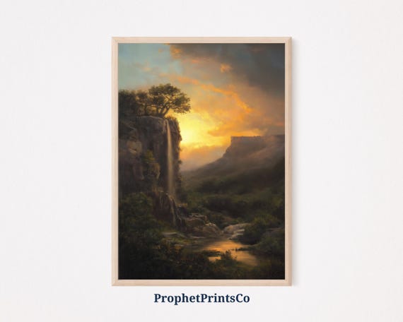 Sunset Waterfall Landscape Print Serene Nature Art Calming Home Dcor Waterfall Lover Gift Wall Art