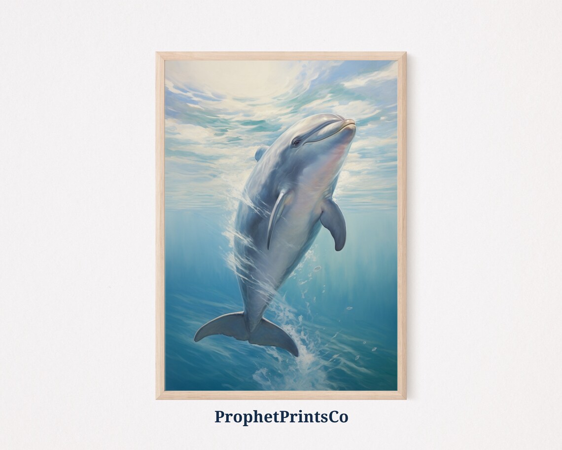 Dolphin Swimming Up Through Sunlit Water Dreamy Ocean Wildlife Painting Poster