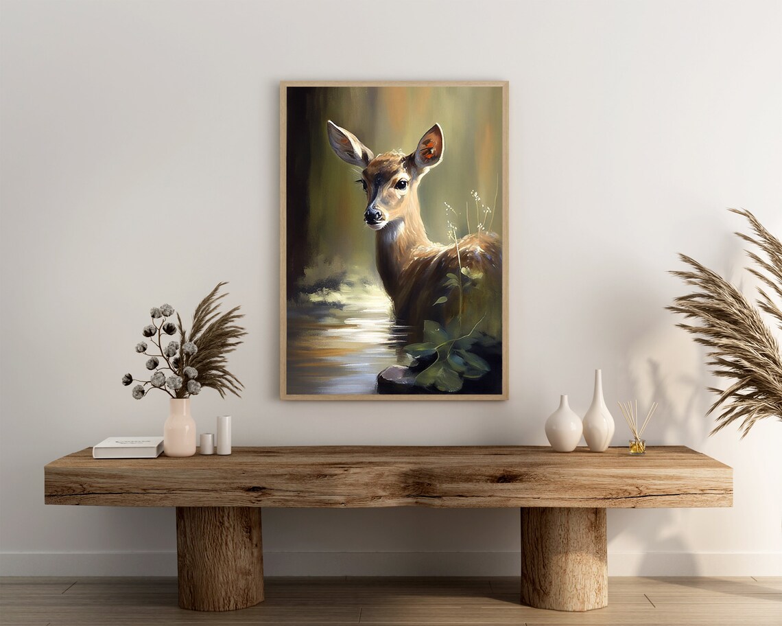 Young Fawn by a Forest Stream in Dappled Light Oil Painting Poster - Image 3
