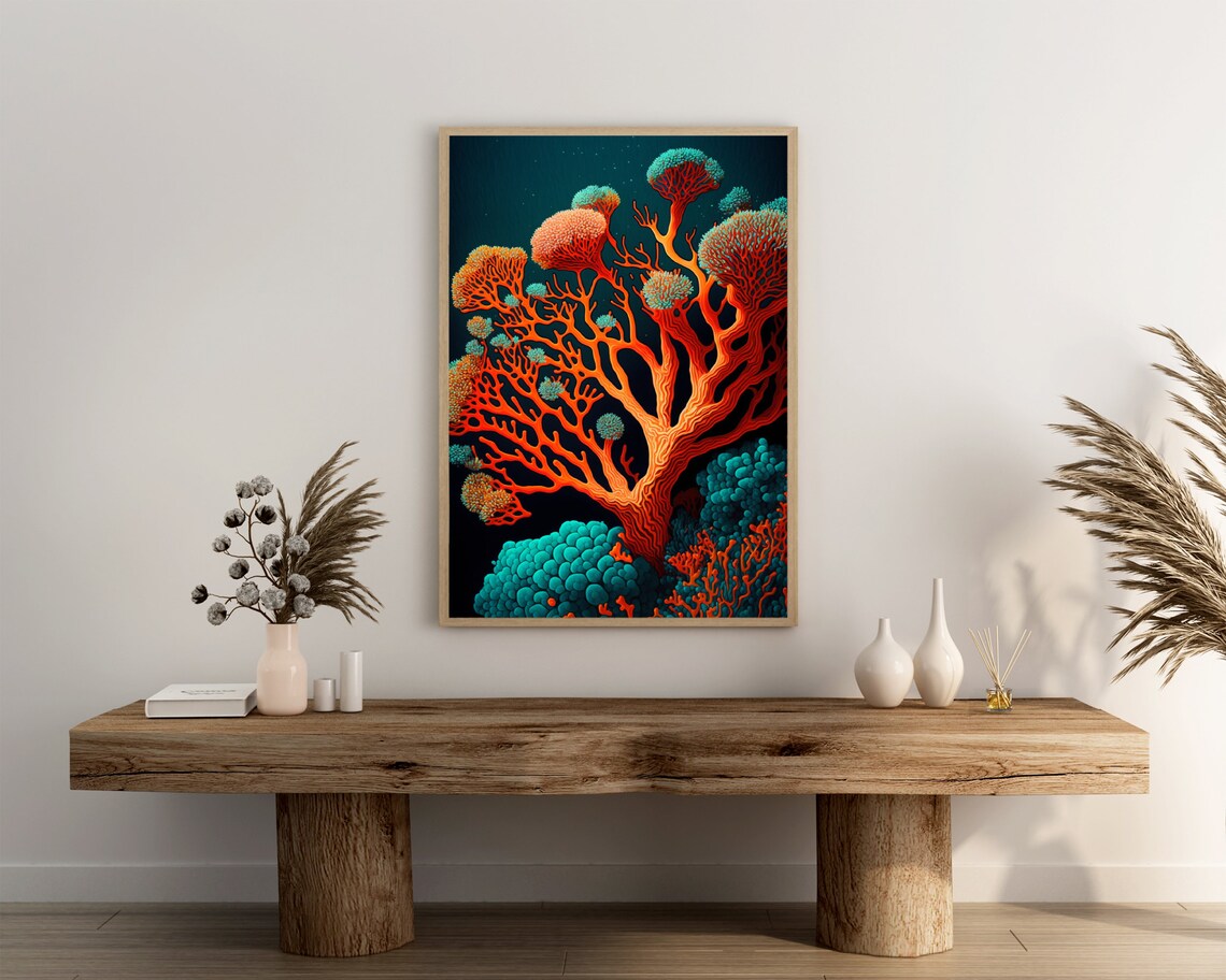 Fiery Orange Tree Coral with Teal Reefs Dark Underwater Poster - Image 3