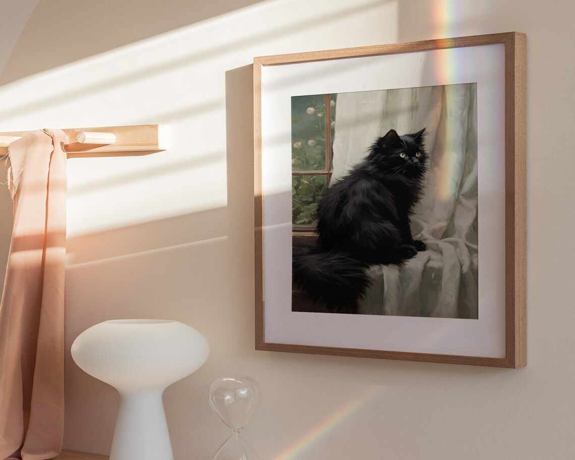 Black Cat Sitting By Sunlit Window Vintage Oil Painting Poster - Image 3
