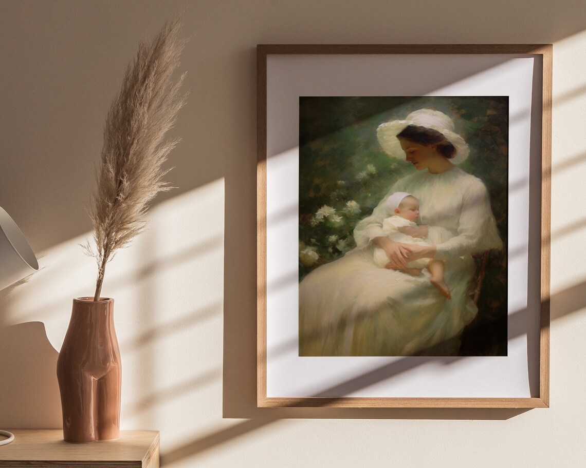 Mother and Baby Garden White Gown Romantic Oil Painting Poster - Image 4