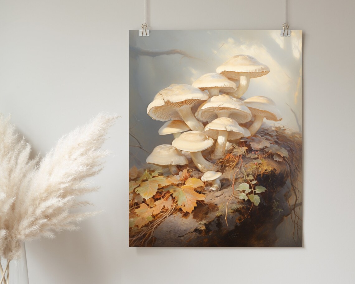 White Mushrooms on Mossy Log in Misty Forest Vintage Nature Painting Poster - Image 2