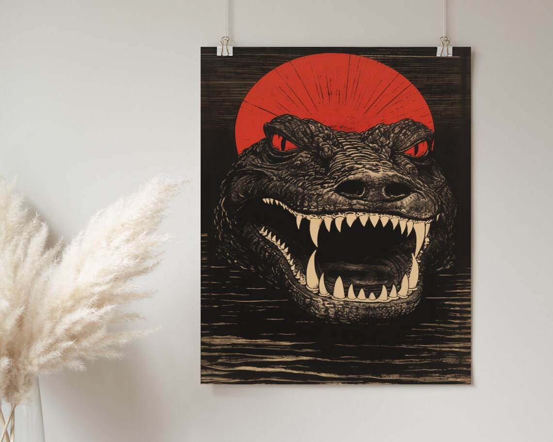 Menacing Crocodile Red Sun Japanese Woodblock Style Art Poster - Image 2