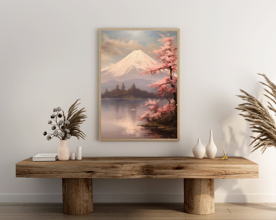 Mount Fuji Cherry Blossom Oil Painting Lake Serene Spring Poster - Image 3