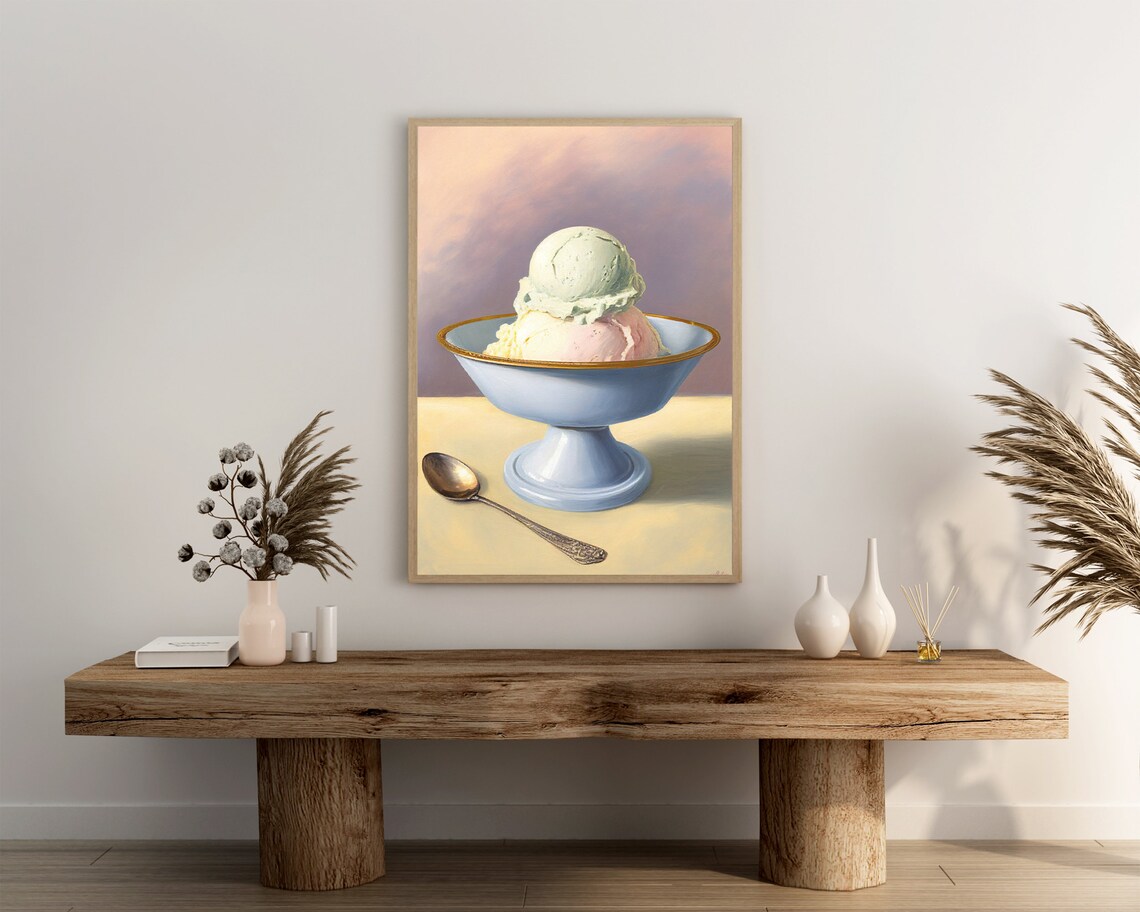 Ice Cream Scoops In Blue Bowl With Gold Rim Vintage Still Life Poster - Image 3