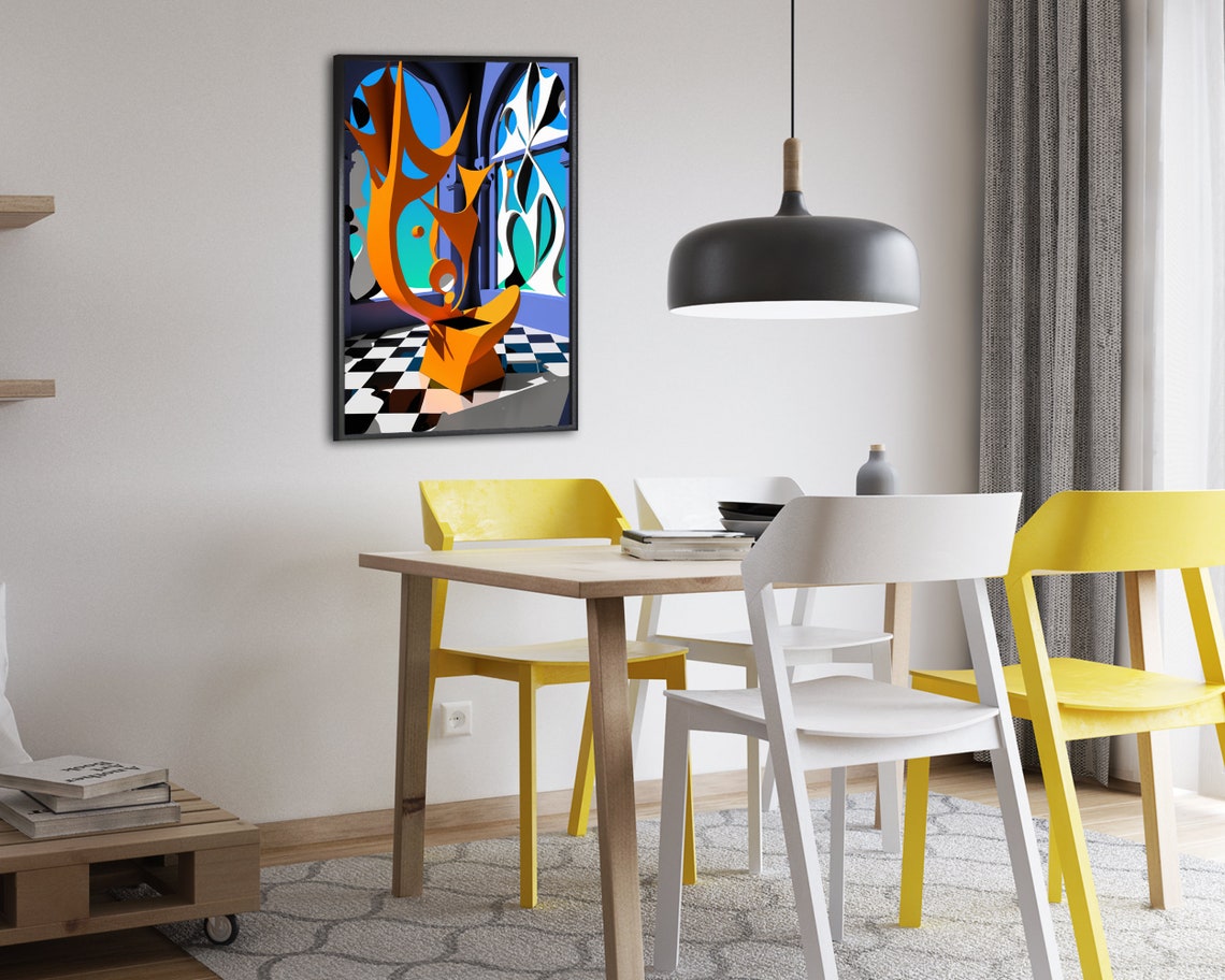 Retro 80s Sculpture Poster Orange Abstract Form on Checkered Floor - Image 2
