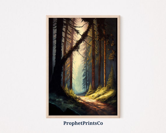 Rustic Forest Oil Painting Print Pine Tree Wall Art Nature Lover Gift Foggy Forest Home Dcor Wall Art Digitial