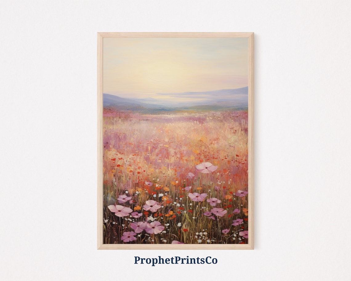 Pink Cosmos Wildflower Sunset Field Romantic Floral Art Poster