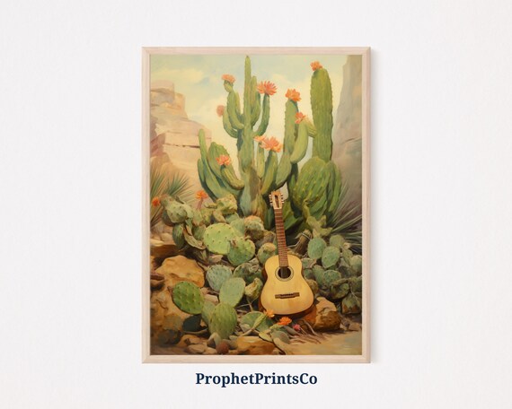 Acoustic Guitar Among Blooming Cacti Mexican Desert Vintage Painting Poster