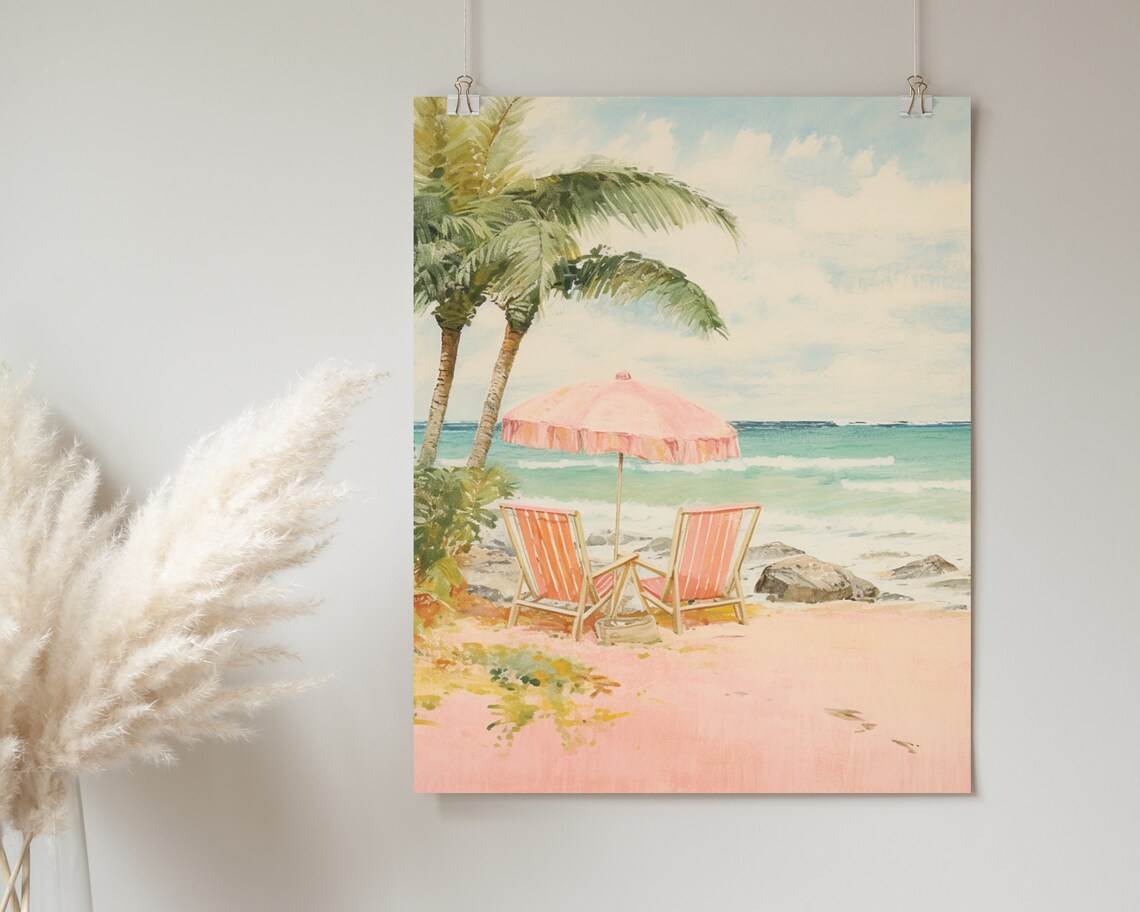 Tropical Pink Beach Parasol Palm Trees Turquoise Sea Art Poster - Image 2