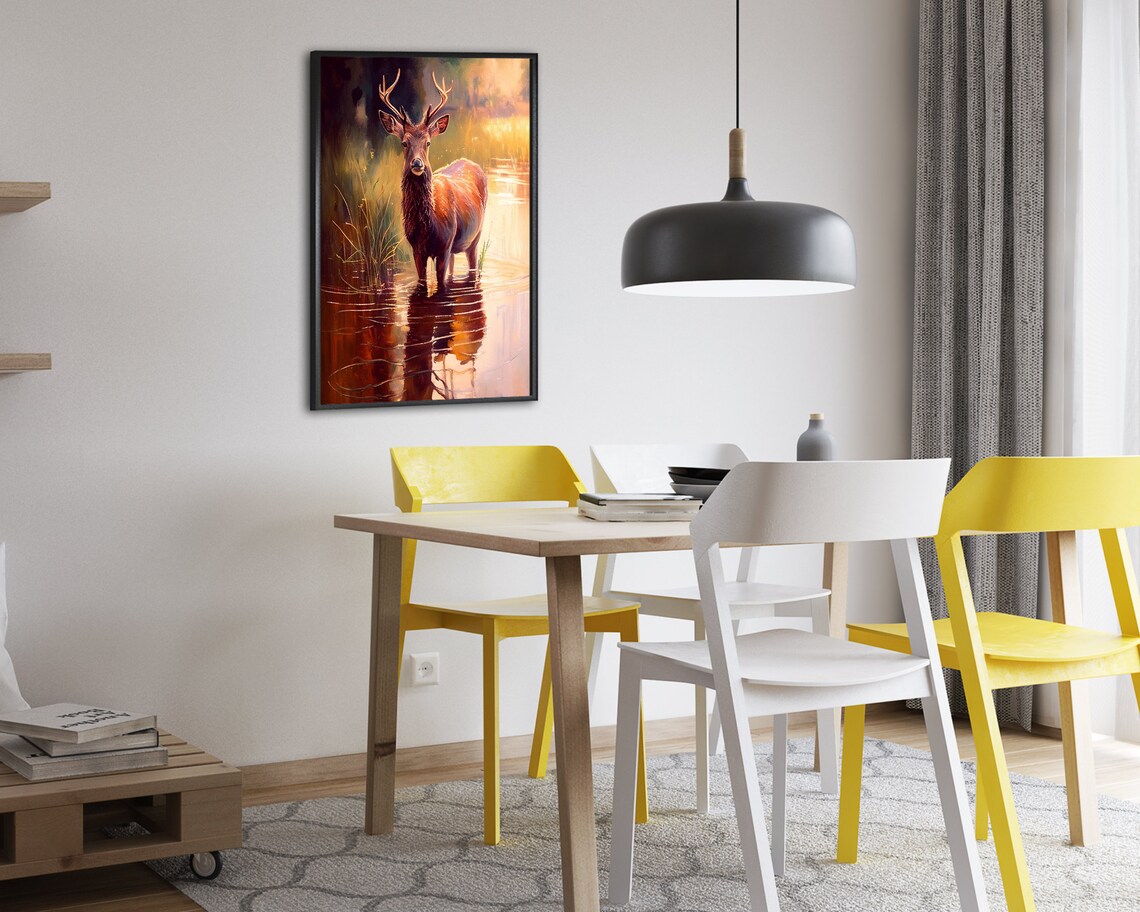 Majestic Buck Deer in a Golden Sunset Pond Oil Painting Poster - Image 2