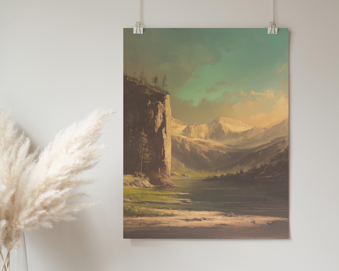 Mountain Cliff Lake Golden Light Vintage Style Scenic Landscape Poster - Image 2