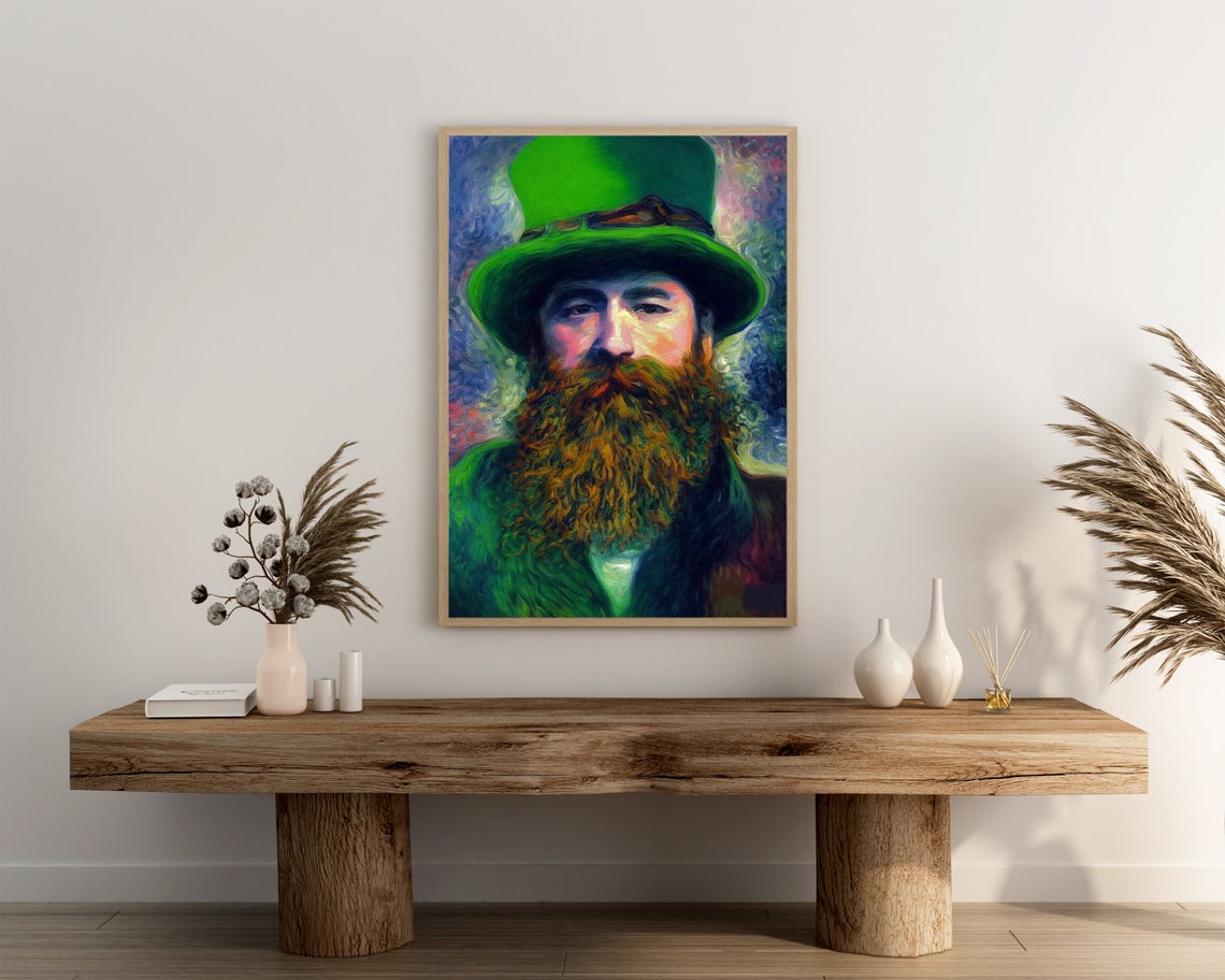 Bearded Irishman Green Top Hat And Coat Bold Color Portrait Art Poster - Image 3