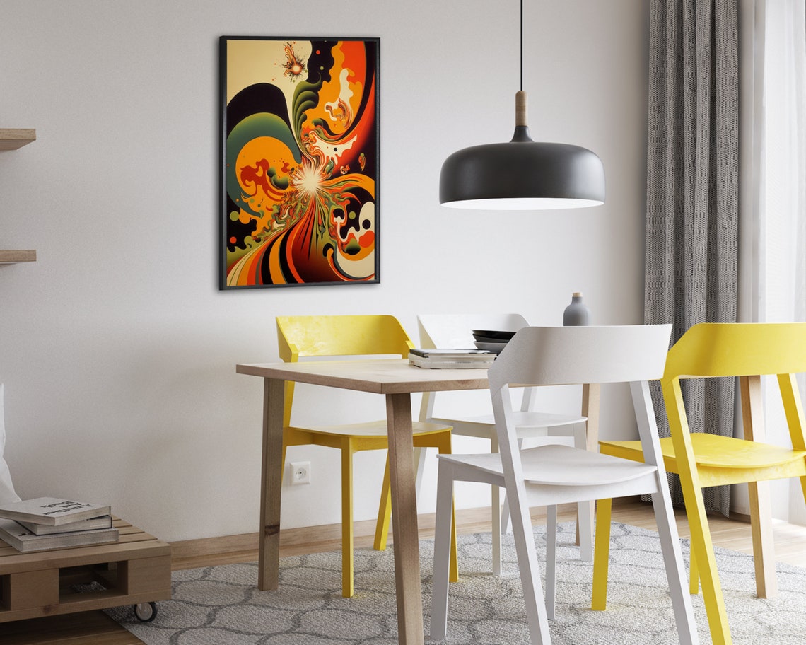 Retro 70s Psychedelic Swirl Abstract Art Orange Green Black Poster - Image 2