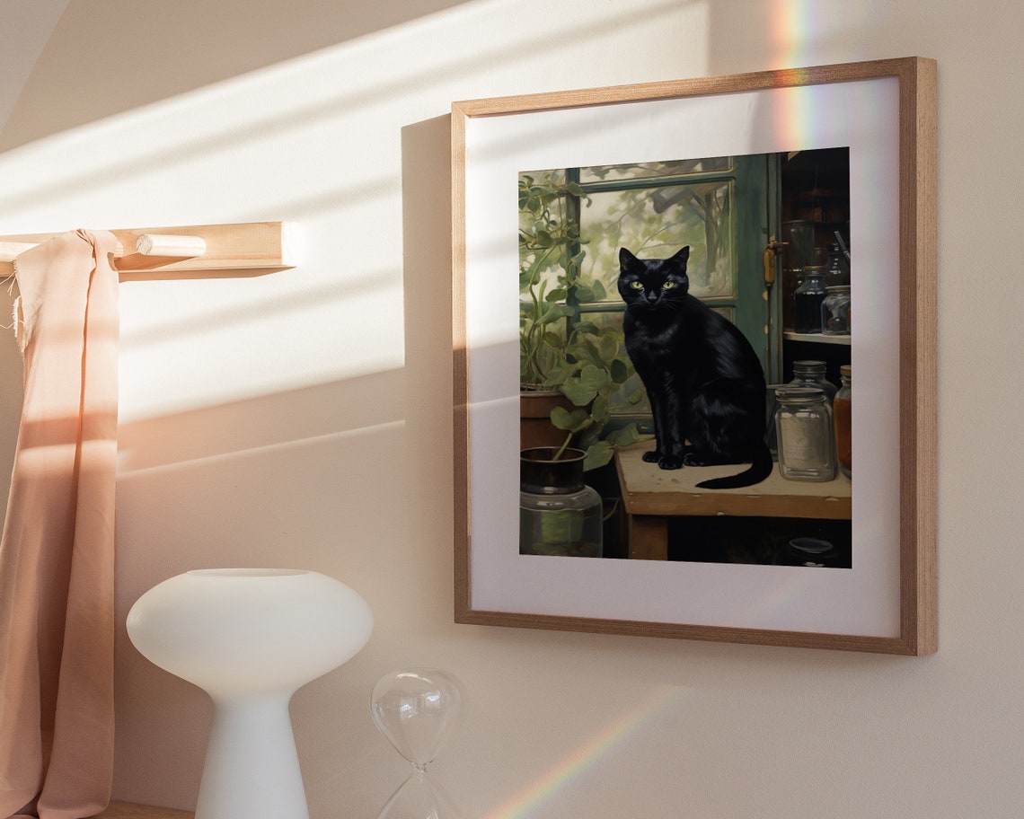 Black Cat By Window With Plants Painterly Vintage Cat Art Poster - Image 3