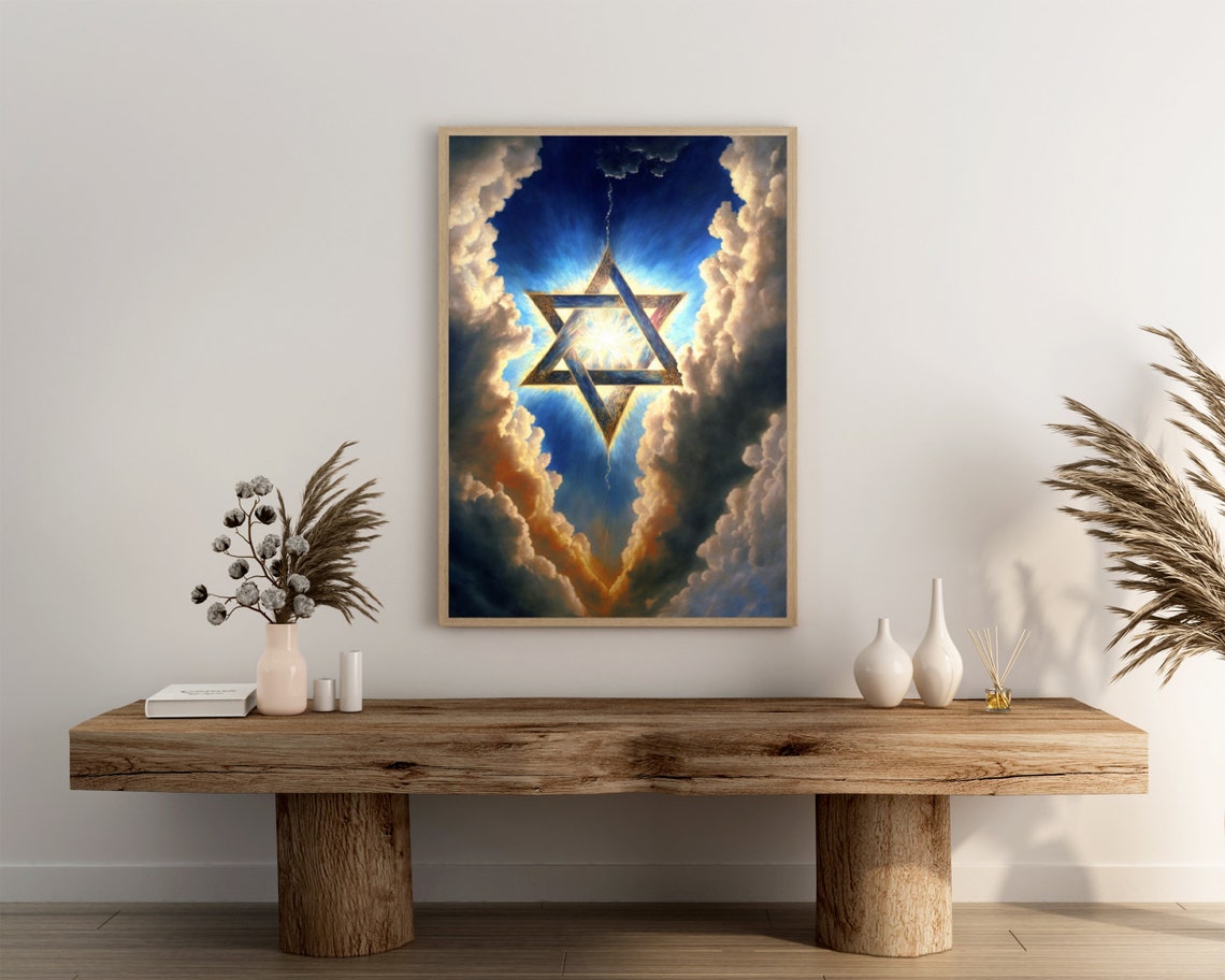 Star Of David Glowing In Clouds Blue Sky Hanukkah Religious Poster - Image 3
