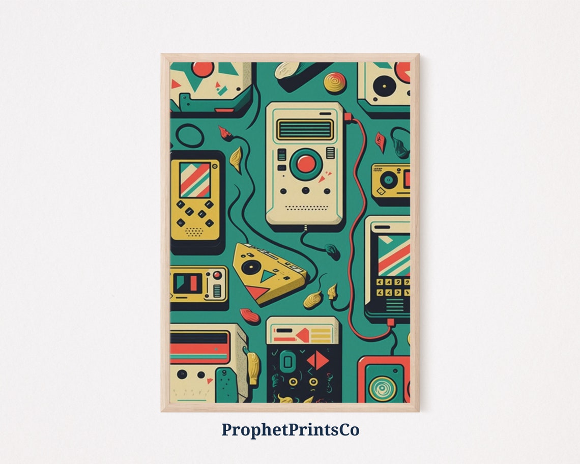 Retro Tech Collage Poster Game Consoles and Cassette Players on Teal