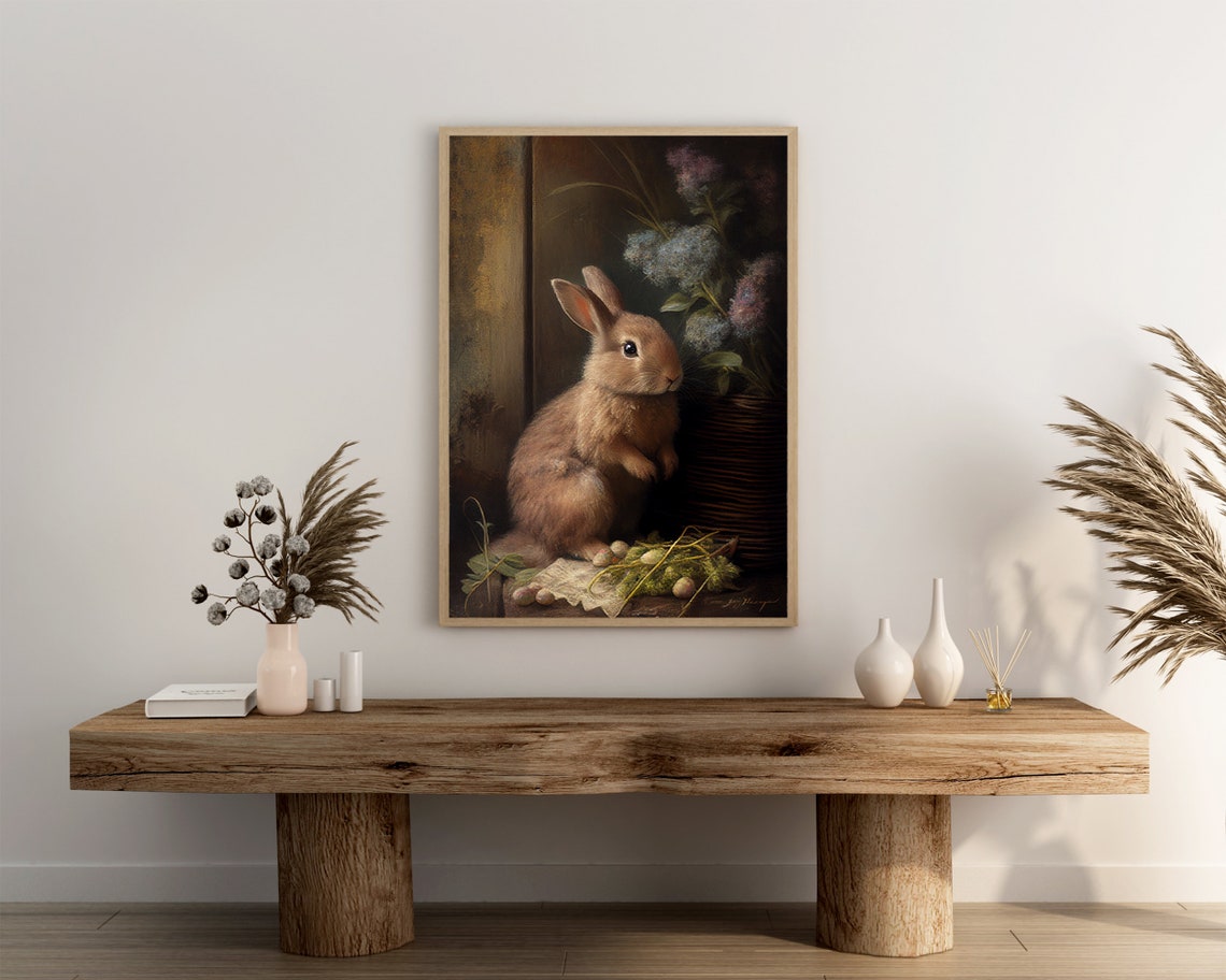 Brown Bunny Rabbit With Lilac Flowers Vintage Oil Painting Poster - Image 3