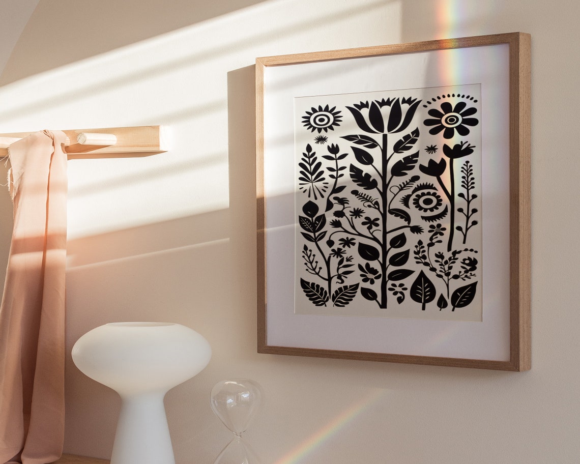 Black And White Floral Pattern Print Boho Wall Art Mid Century Print Cute Eclectic Home Dcor Wall Art - Image 3