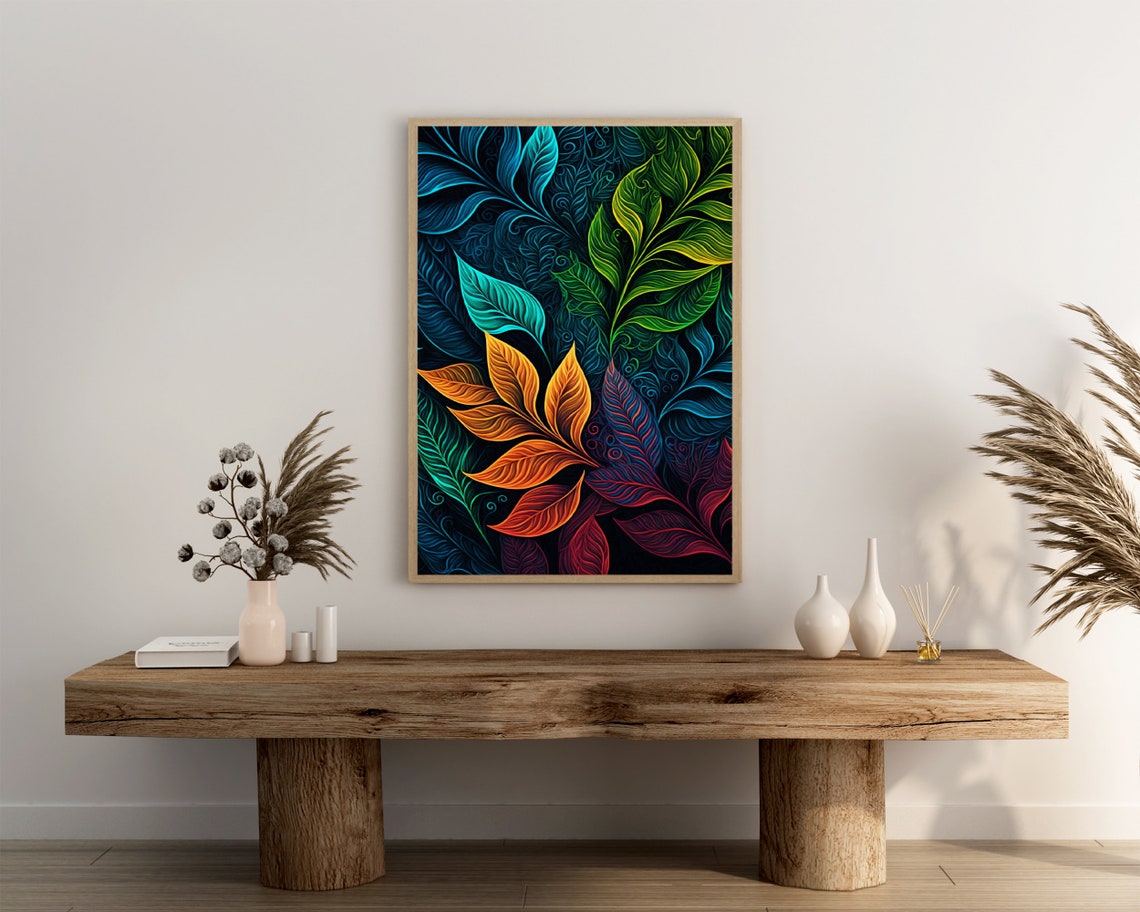 Glowing Neon Tropical Leaves on Black Vibrant Botanical Art Poster - Image 3