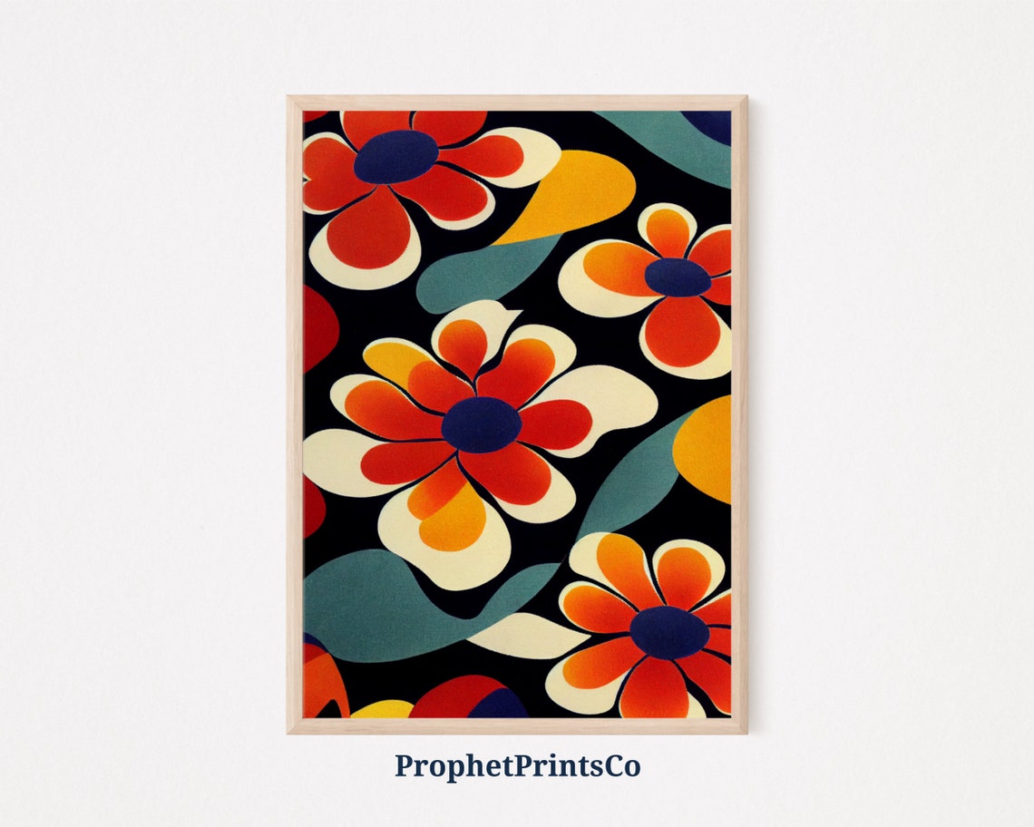 Retro 60s Groovy Flower Pattern Psychedelic Orange Floral Poster