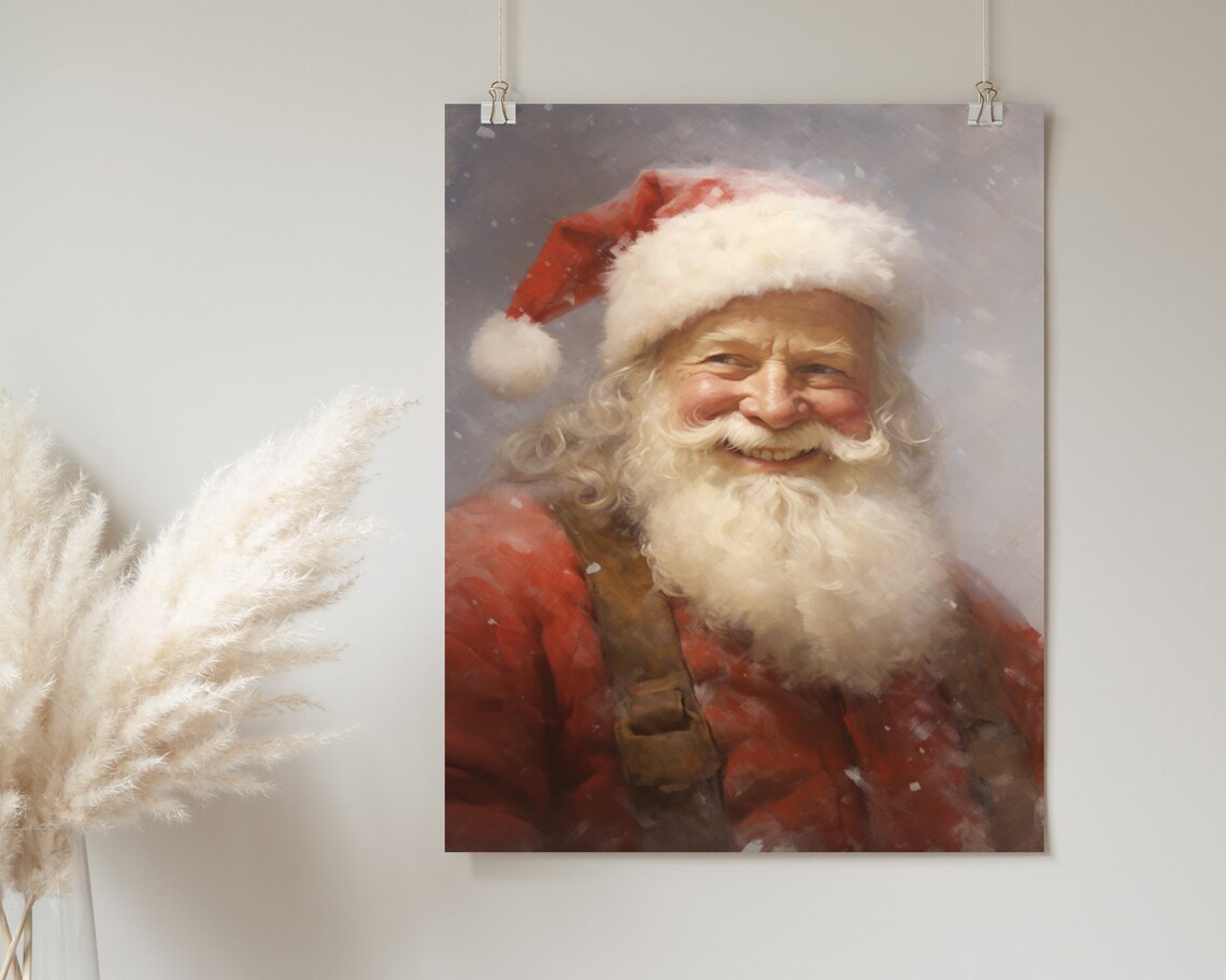 Smiling Santa Claus in Soft Snowfall Vintage Christmas Portrait Painting Poster - Image 2