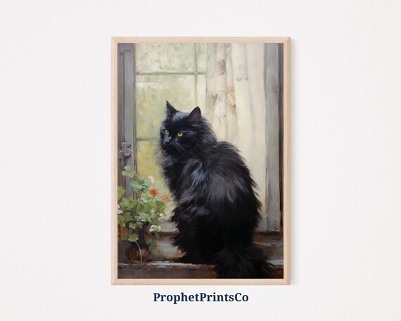 Black Cat Beside Bright Potted Flowers In Sunlit Window Art Poster