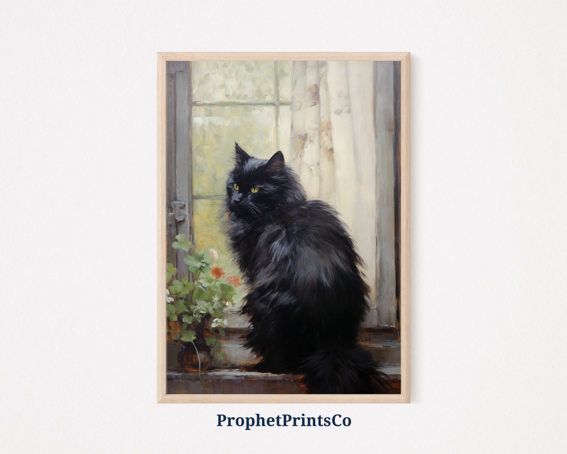 Black Cat Beside Bright Potted Flowers In Sunlit Window Art Poster
