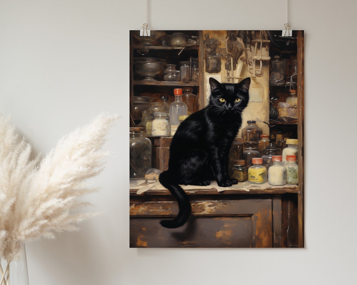 Black Cat On Vintage Apothecary Counter Painterly Cat Art Poster - Image 2