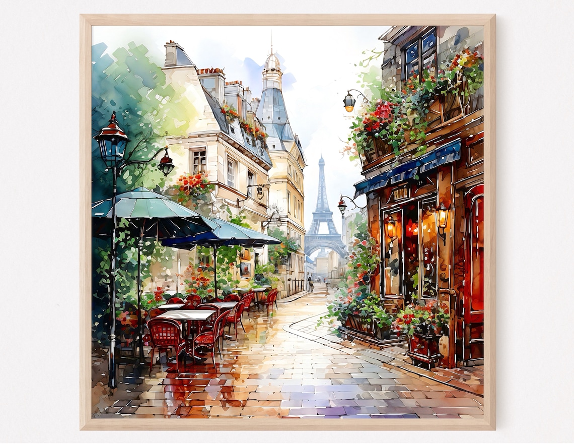 Paris Street Cafe Watercolor Eiffel Tower Romantic French Print Decor