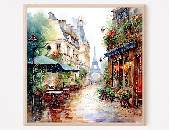 Paris Cityscape Watercolor Art Print Eiffel Tower Parisian Cafe