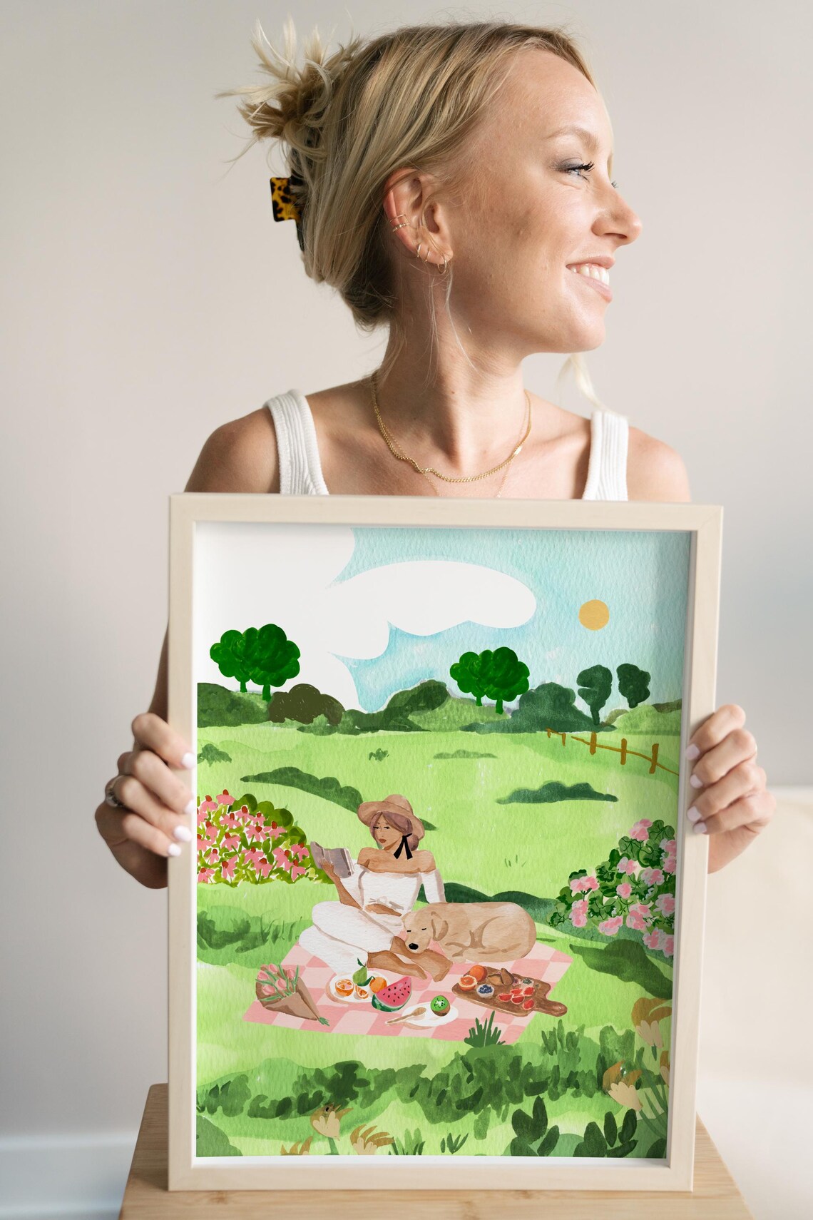 Picnic With Dog Bright Watercolor Landscape Art Print - Image 3