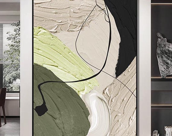 Handmade Large Beige Green Yellow Art Abstract Black White Wall Decor 3d Texture Oil Art Color Block And Line Acrylic Painting On