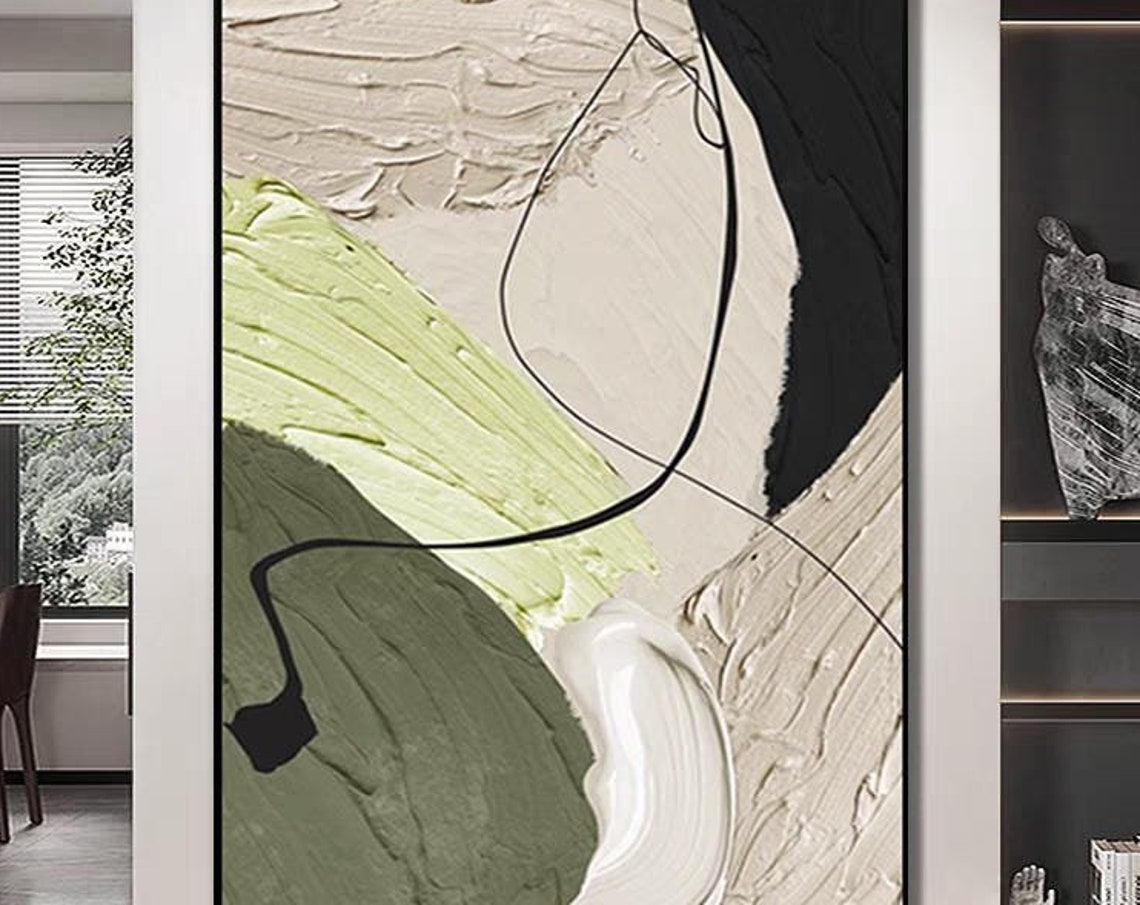 Handmade Large Beige Green Yellow Art Abstract Black White Wall Decor 3d Texture Oil Art Color Block And Line Acrylic Painting On