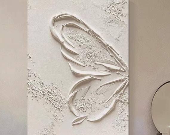 Half Of Butterfly Oil Painting All White Wabi Sabi Style Artwork Large Size Vertical Home Wall Decor 3d Thick Textured Acrylic Painting