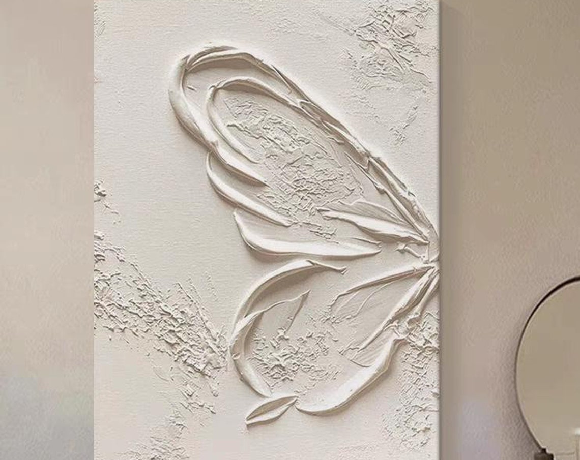 Half Of Butterfly Oil Painting All White Wabi Sabi Style Artwork Large Size Vertical Home Wall Decor 3d Thick Textured Acrylic Painting