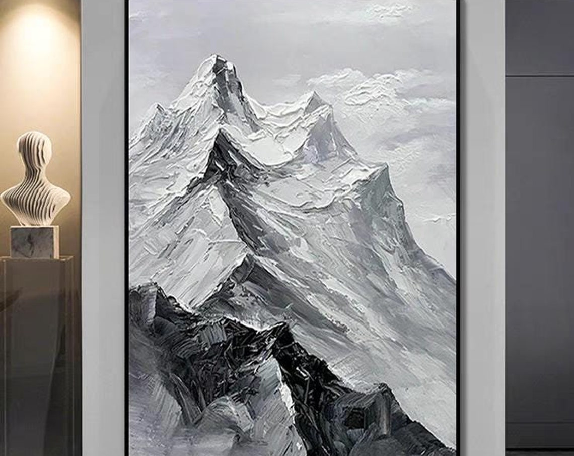Black White Acrylic Painting Snowy Mountains Oil Art Modern Heavy Texture Home Wall Decor Personalized Winter Gift Landscape Wall Art