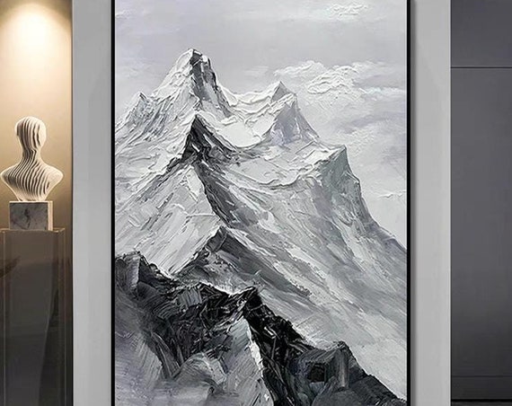 Black White Acrylic Painting Snowy Mountains Oil Art Modern Heavy Texture Home Wall Decor Personalized Winter Gift Landscape Wall Art