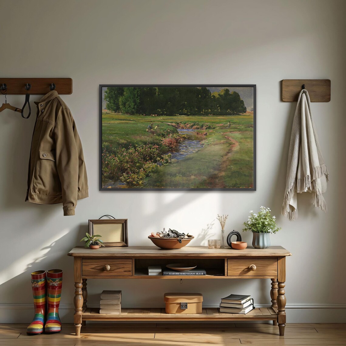 Stream Through Green Meadow Pastoral Landscape Oil Art Poster - Image 4