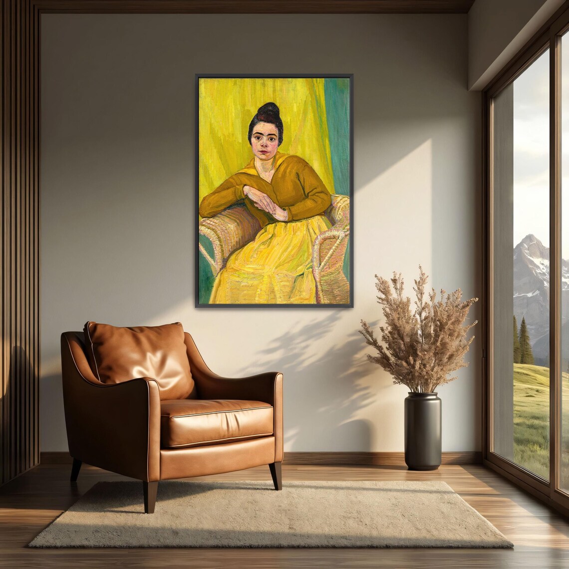 Woman In Yellow Dress Seated In Wicker Chair Expressionist Art Poster - Image 3