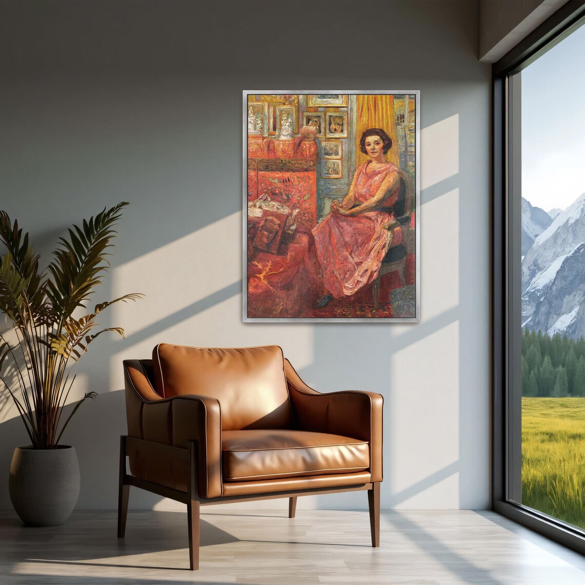 Woman in a Pink Dress Seated Among Paintings in a Studio Poster - Image 2