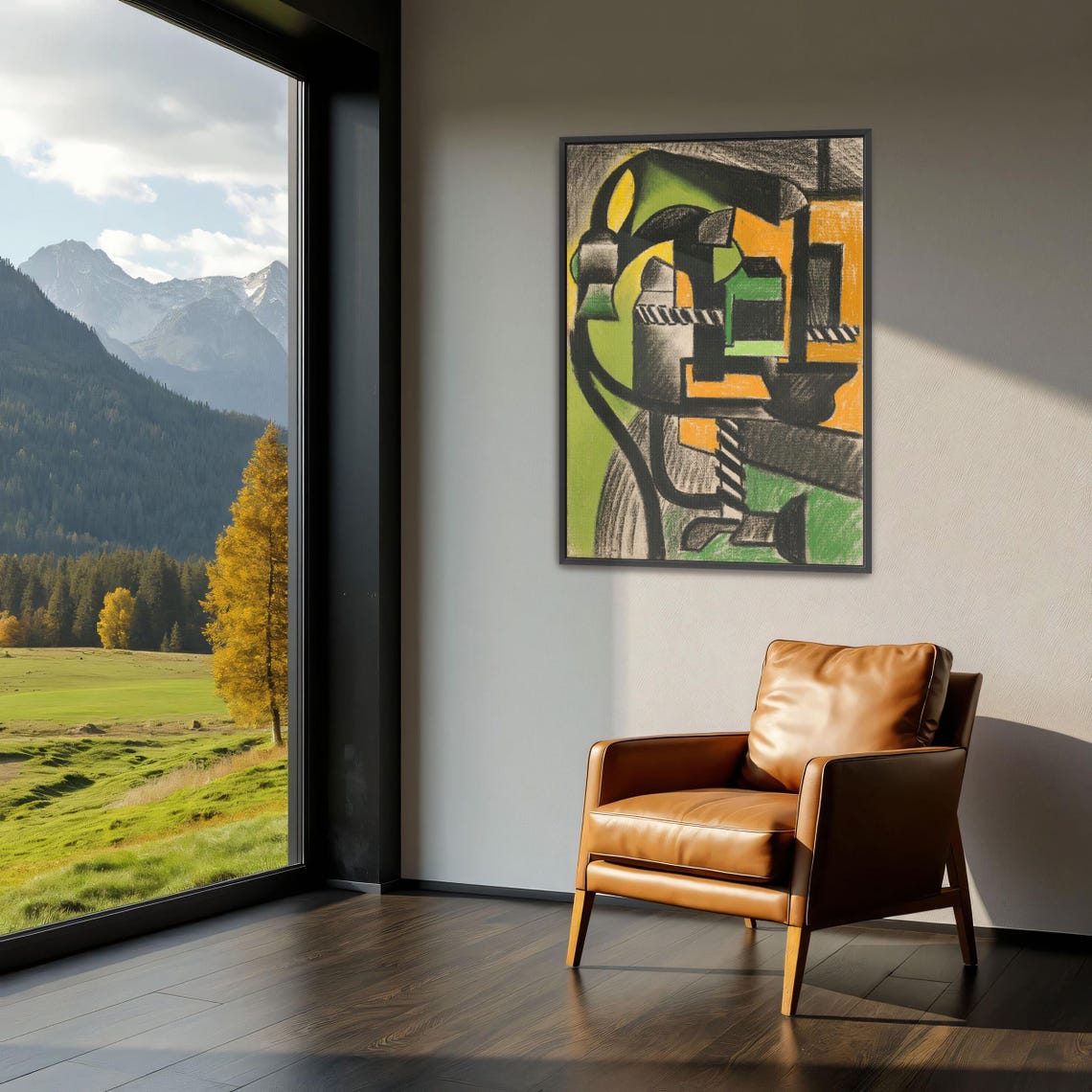 Large Framed Print Of Abstract Cubist Composition Geometric Wall Art Black And Green Living Room Art Print Geometric Decor - Image 3