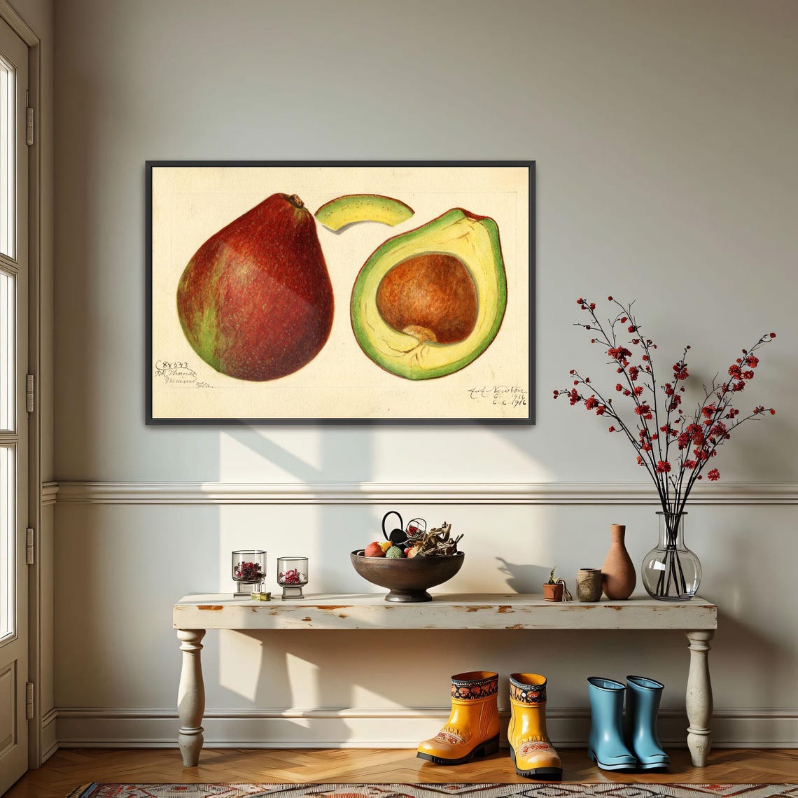 Vintage Botanical Avocado Whole and Half Illustration Art Poster