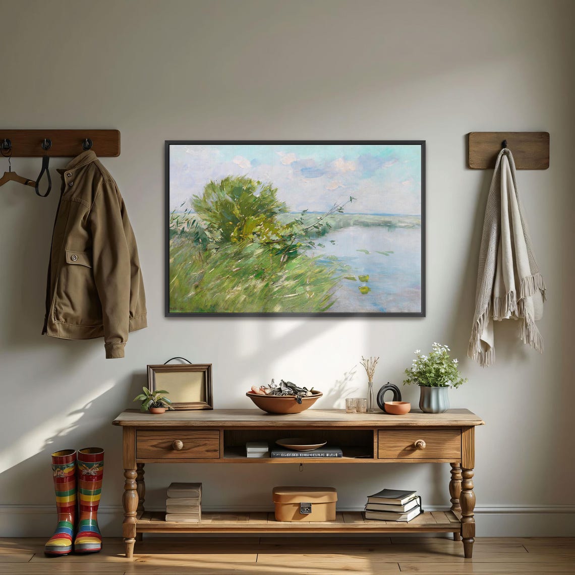 Sunlit Riverbank With Green Trees Impressionist Meadow Poster