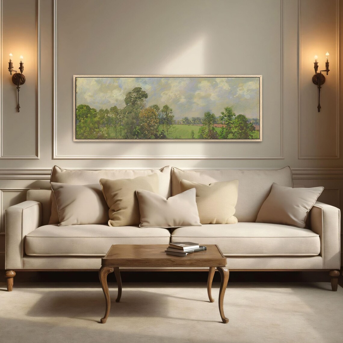 Watercolor Meadow Landscape With Green Trees and Clouds Poster - Image 2